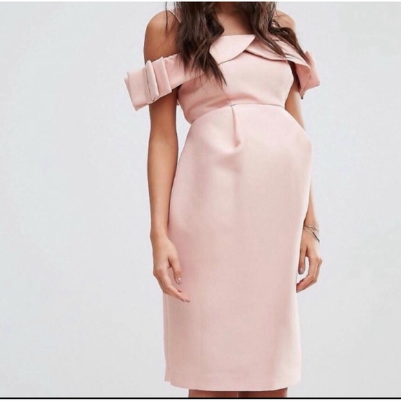 Asos Maternity Blush Pink Off Shoulder Bardot Dress w/ Bow Detail on the Sleeve - Picture 2 of 13